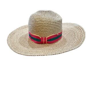 Vintage 80s Banana Republic Wide Brim Straw Raffia size S-M red, green, gold rib